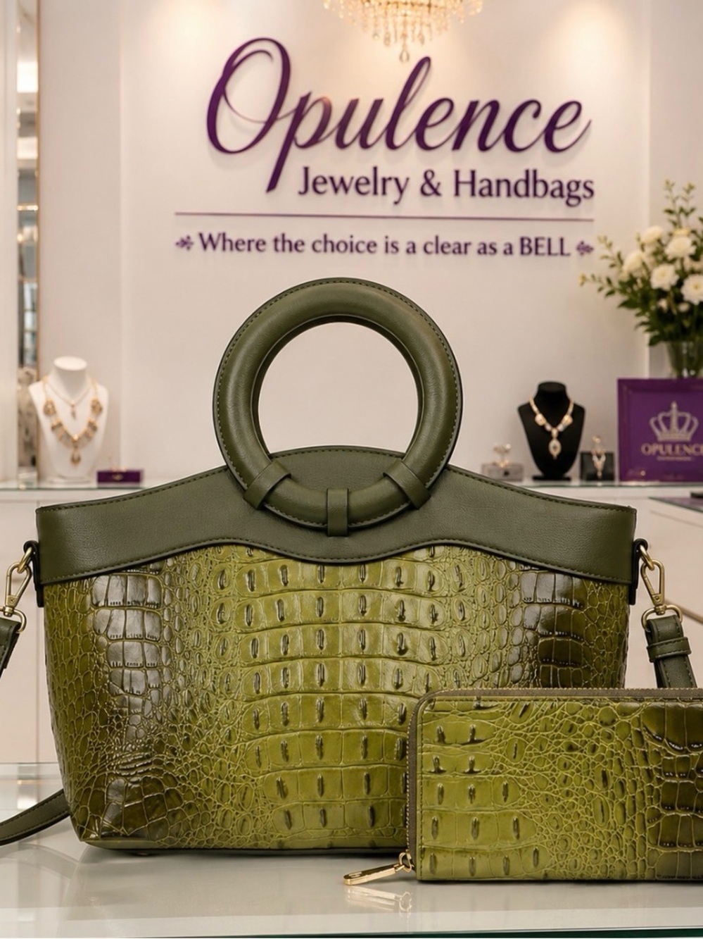 Olive  2pc Top Handle Crocodile Satchel